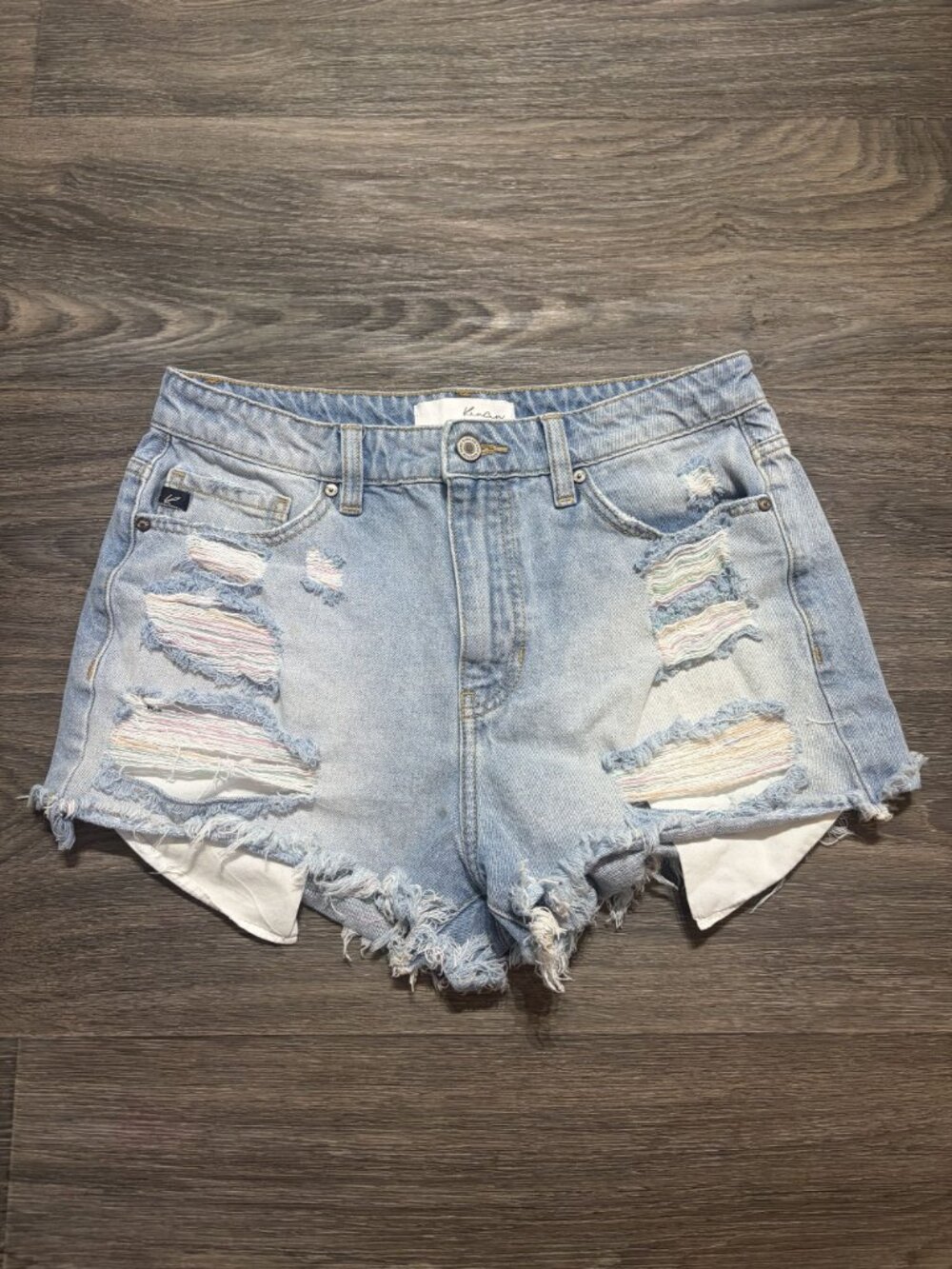 KanCan Distressed Rainbow Jean Shorts 9 28 Denim Fringe High Waisted Festival